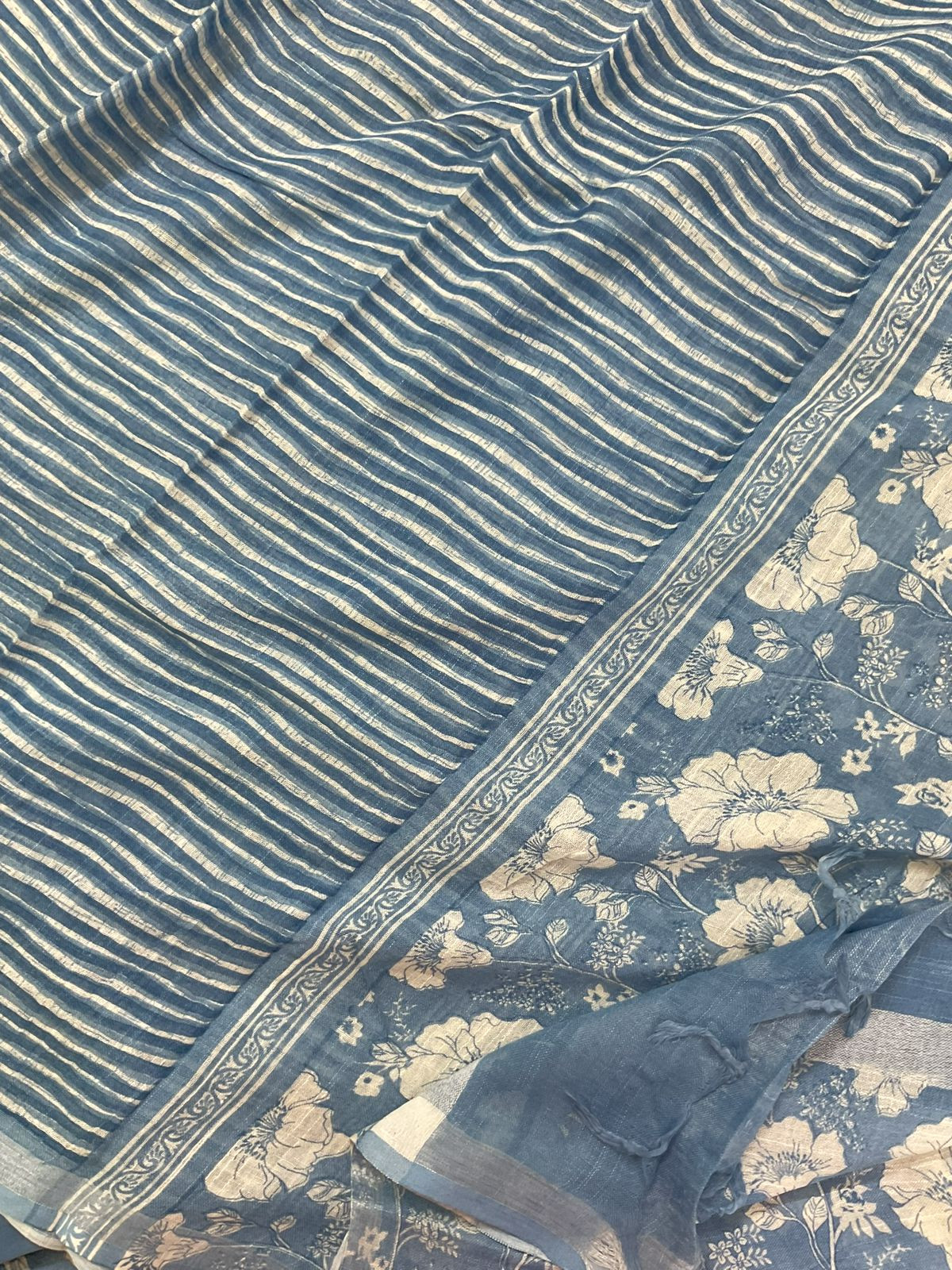 Pure Linen Jute Cotton Silk Printed Suit - Blue