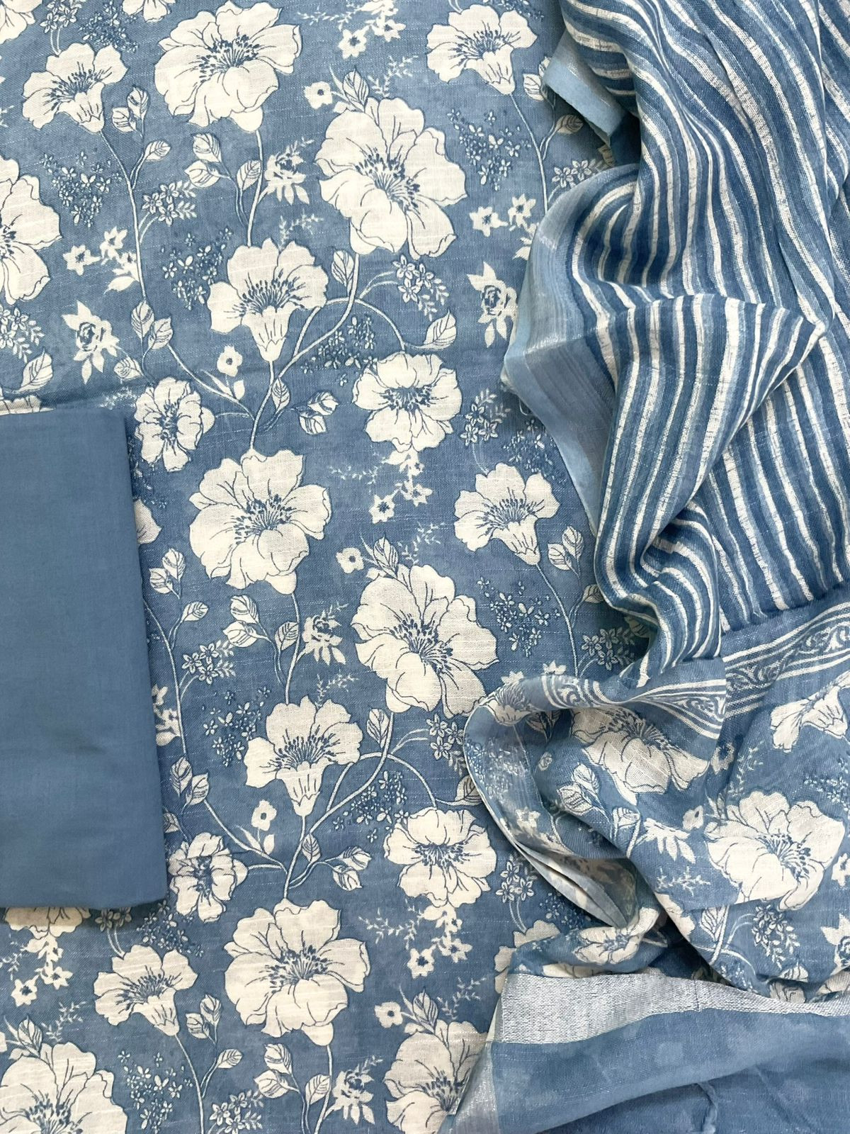 Pure Linen Jute Cotton Silk Printed Suit - Blue