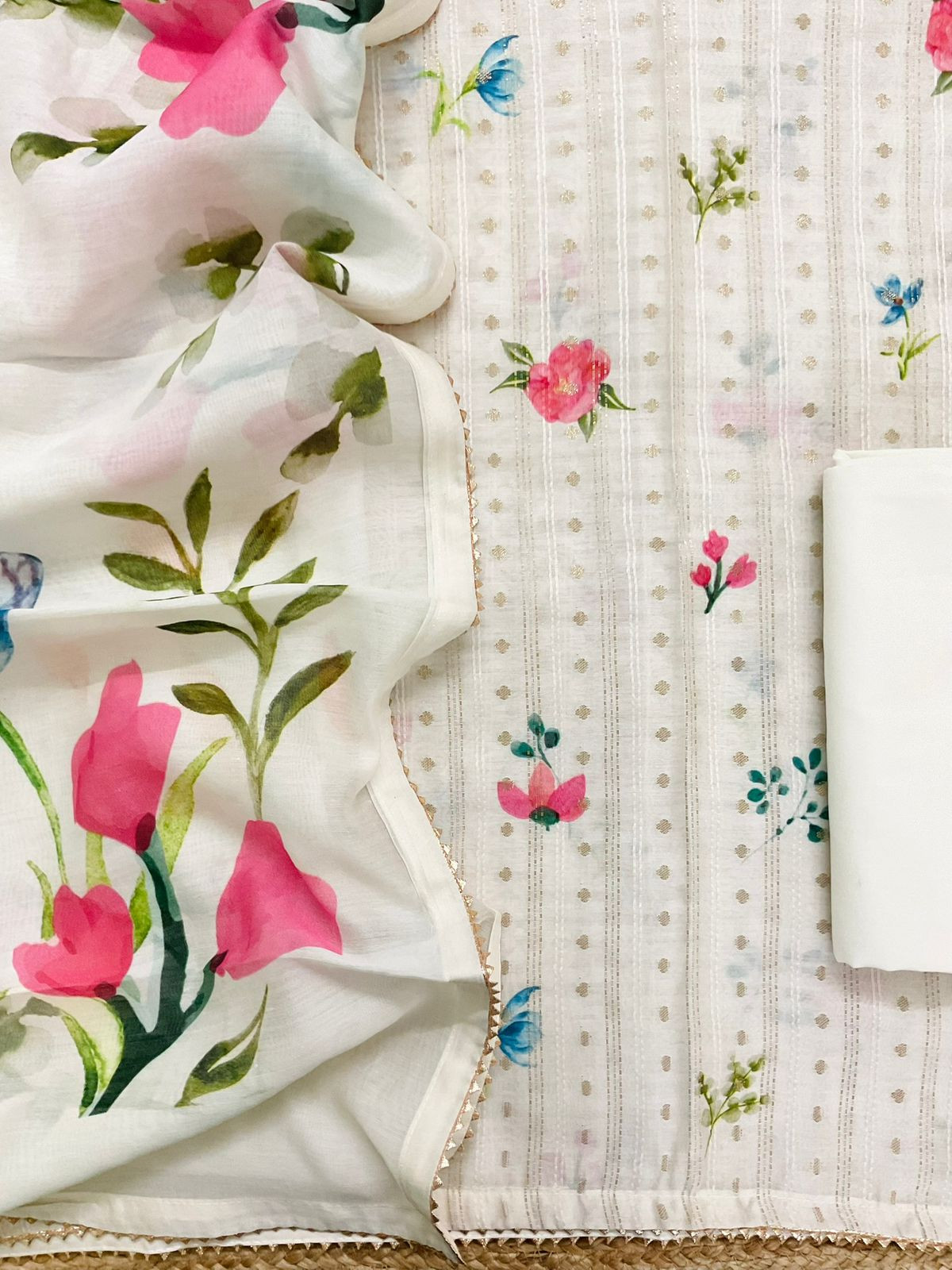 Pure Mul Chanderi Printed Embroidered Banarasi Weaved Suit - Offwhite