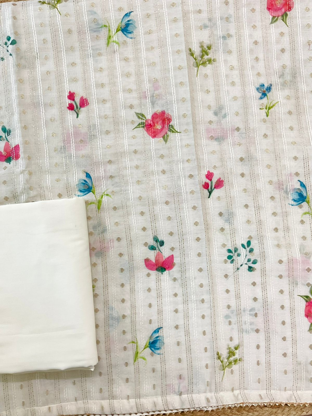 Pure Mul Chanderi Printed Embroidered Banarasi Weaved Suit - Offwhite