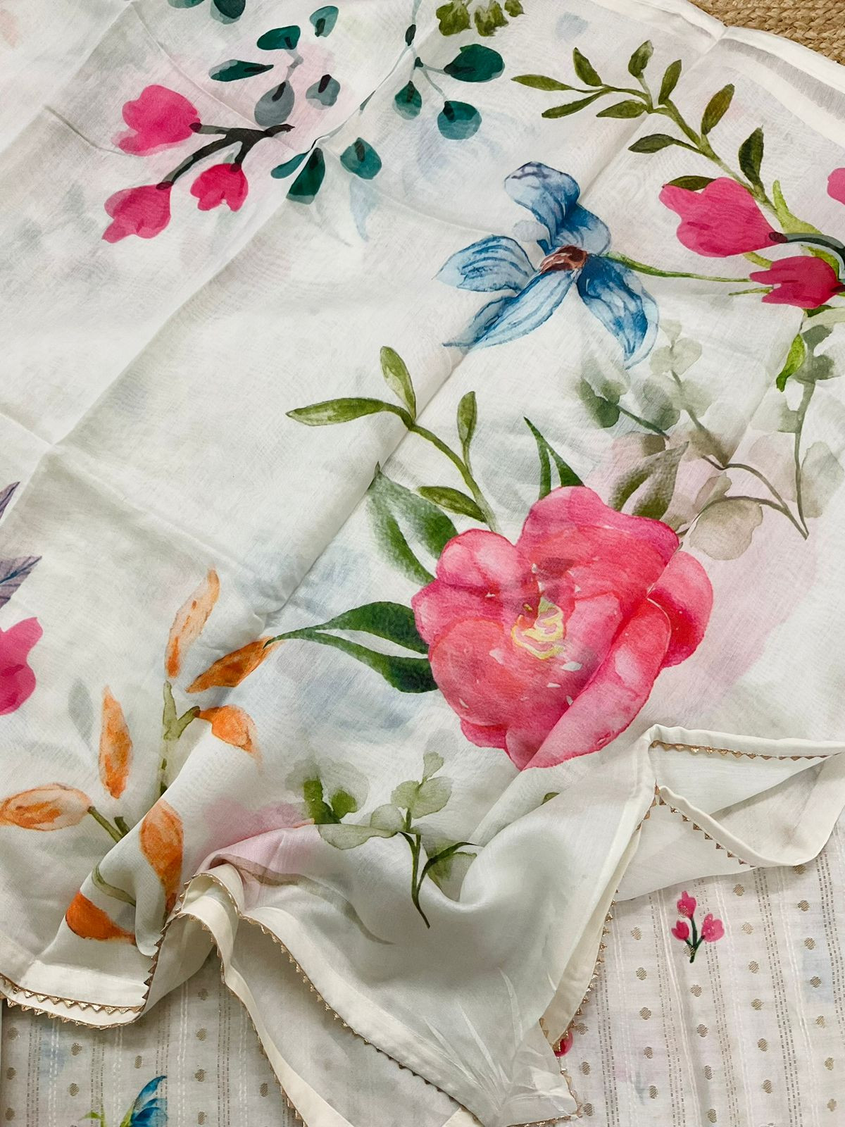 Pure Mul Chanderi Printed Embroidered Banarasi Weaved Suit - Offwhite