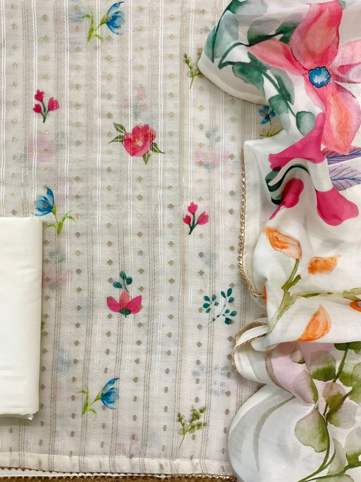 Pure Mul Chanderi Printed Embroidered Banarasi Weaved Suit - Offwhite