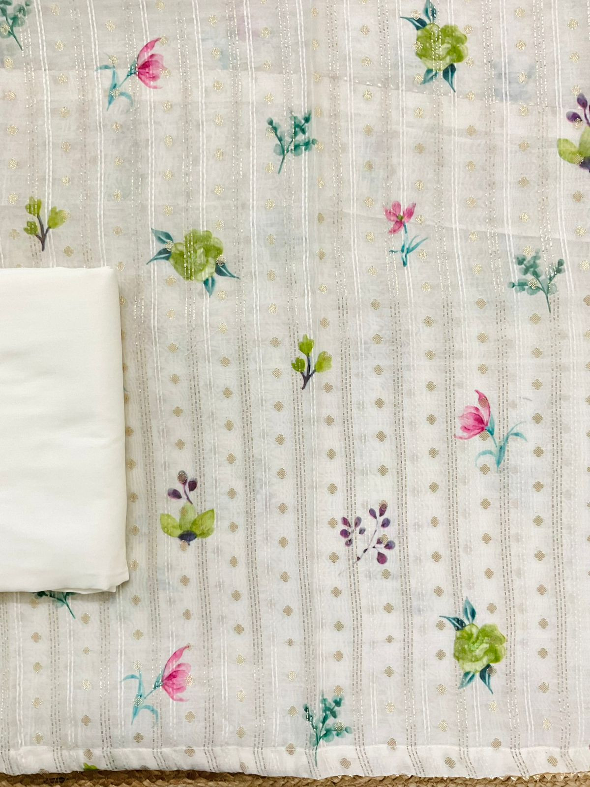 Pure Mul Chanderi Printed Embroidered Banarasi Weaved Suit - Offwhite