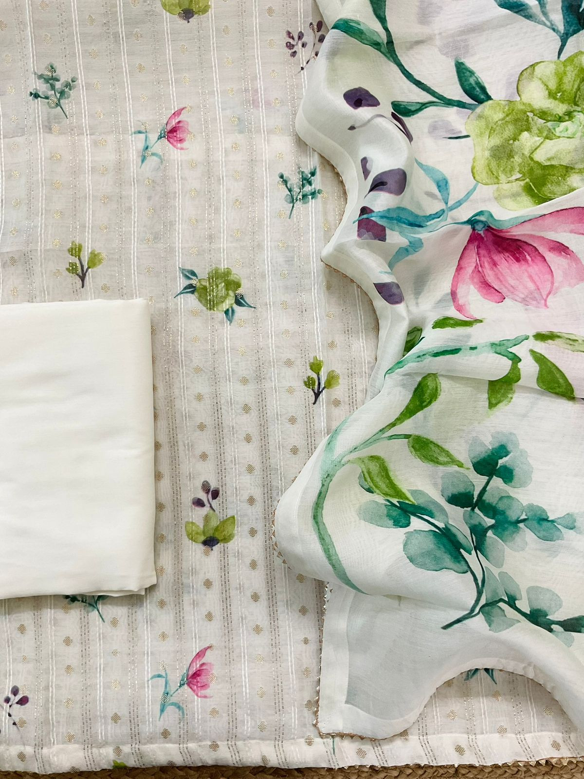 Pure Mul Chanderi Printed Embroidered Banarasi Weaved Suit - Offwhite