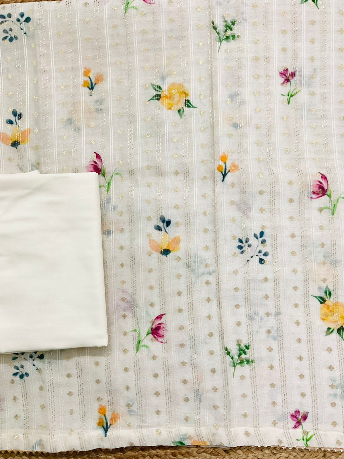 Pure Mul Chanderi Printed Embroidered Banarasi Weaved Suit - Offwhite