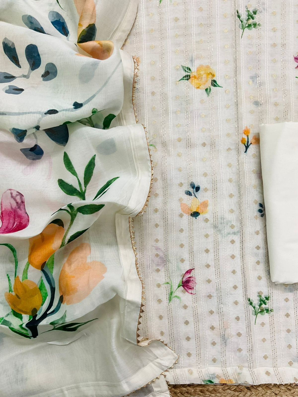 Pure Mul Chanderi Printed Embroidered Banarasi Weaved Suit - Offwhite