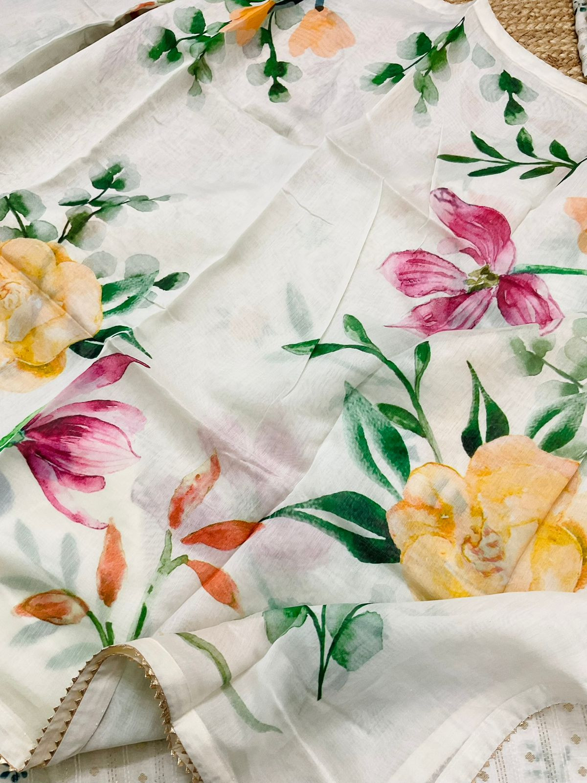 Pure Mul Chanderi Printed Embroidered Banarasi Weaved Suit - Offwhite