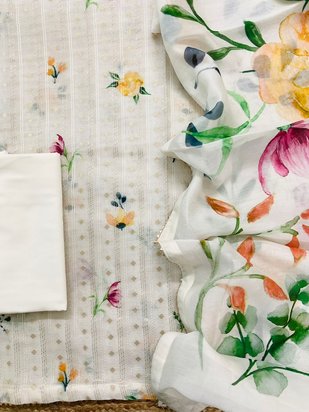 Pure Mul Chanderi Printed Embroidered Banarasi Weaved Suit - Offwhite