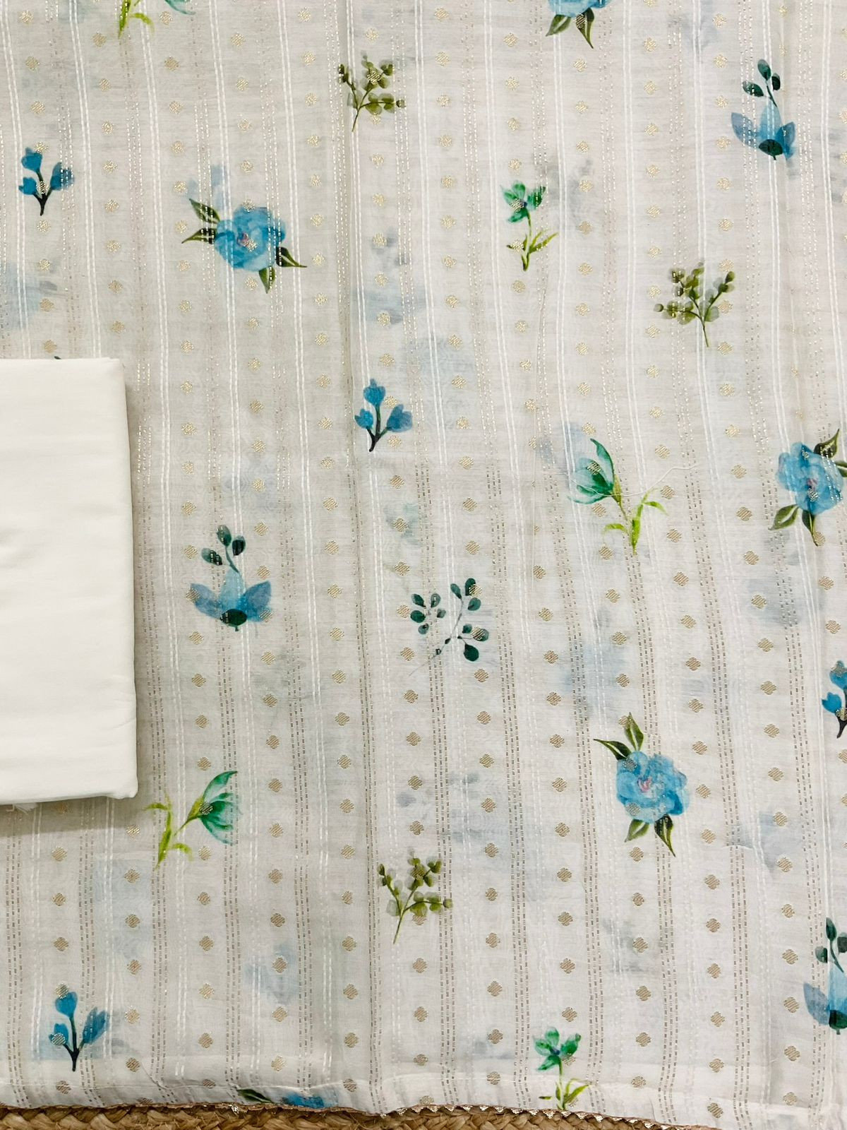 Pure Mul Chanderi Printed Embroidered Banarasi Weaved Suit - Offwhite