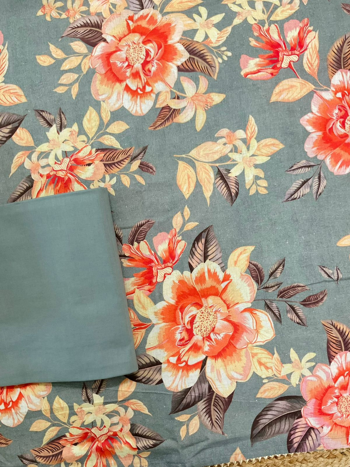 Pure Slub Cotton Printed Suit - Grey