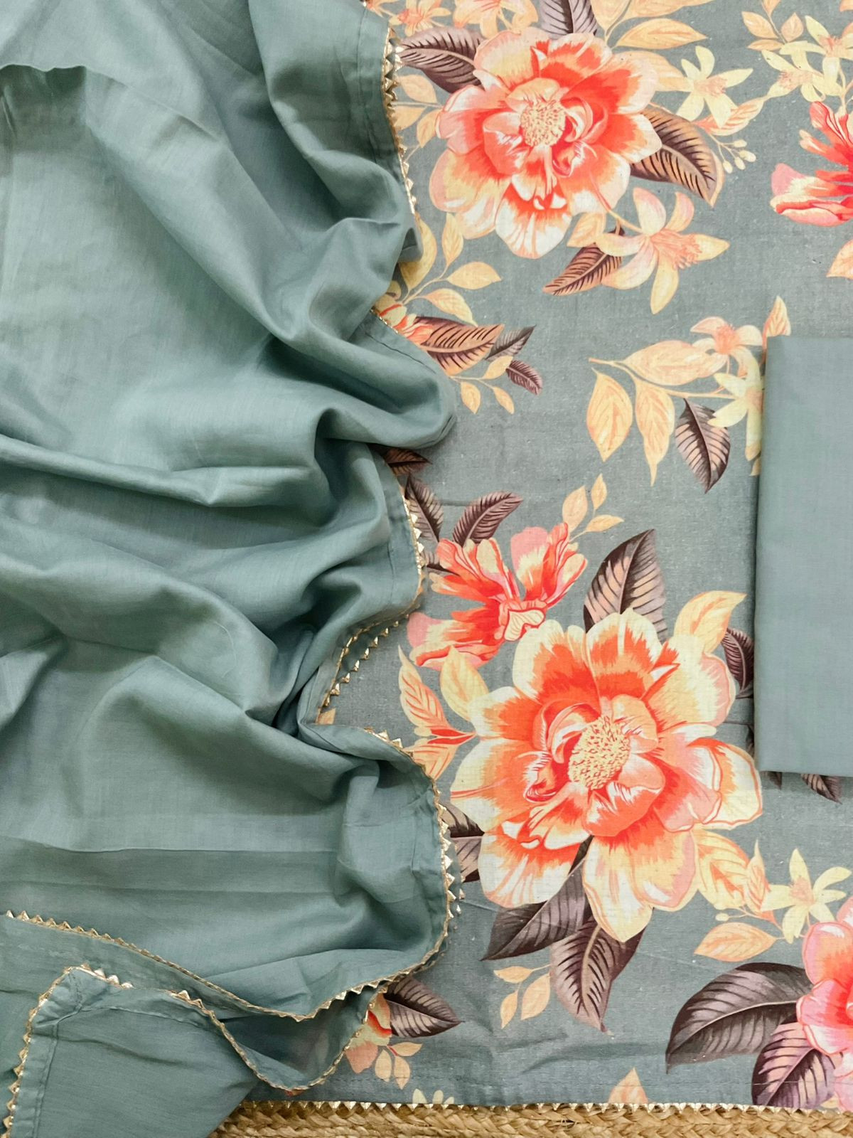 Pure Slub Cotton Printed Suit - Grey