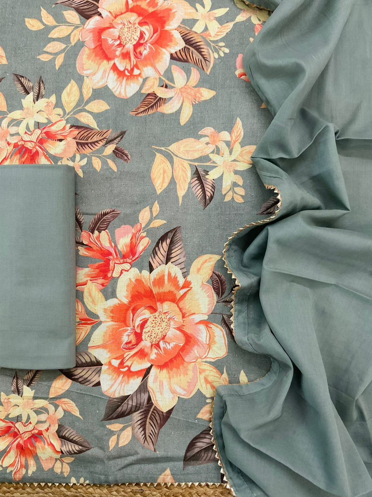 Pure Slub Cotton Printed Suit - Grey