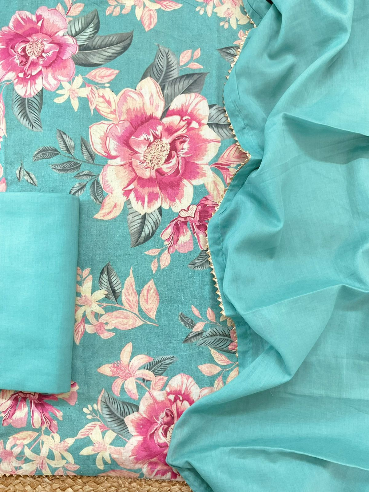 Pure Slub Cotton Printed Suit - Blue