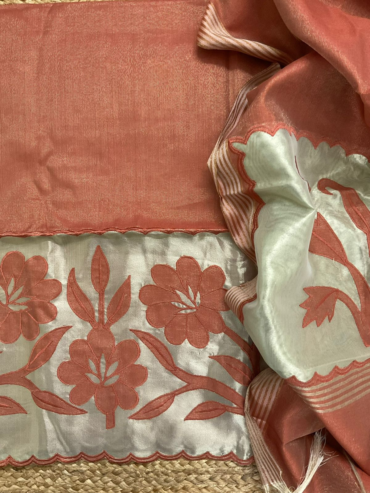 Soft Tissue Chanderi Embroidered Suit - Rust