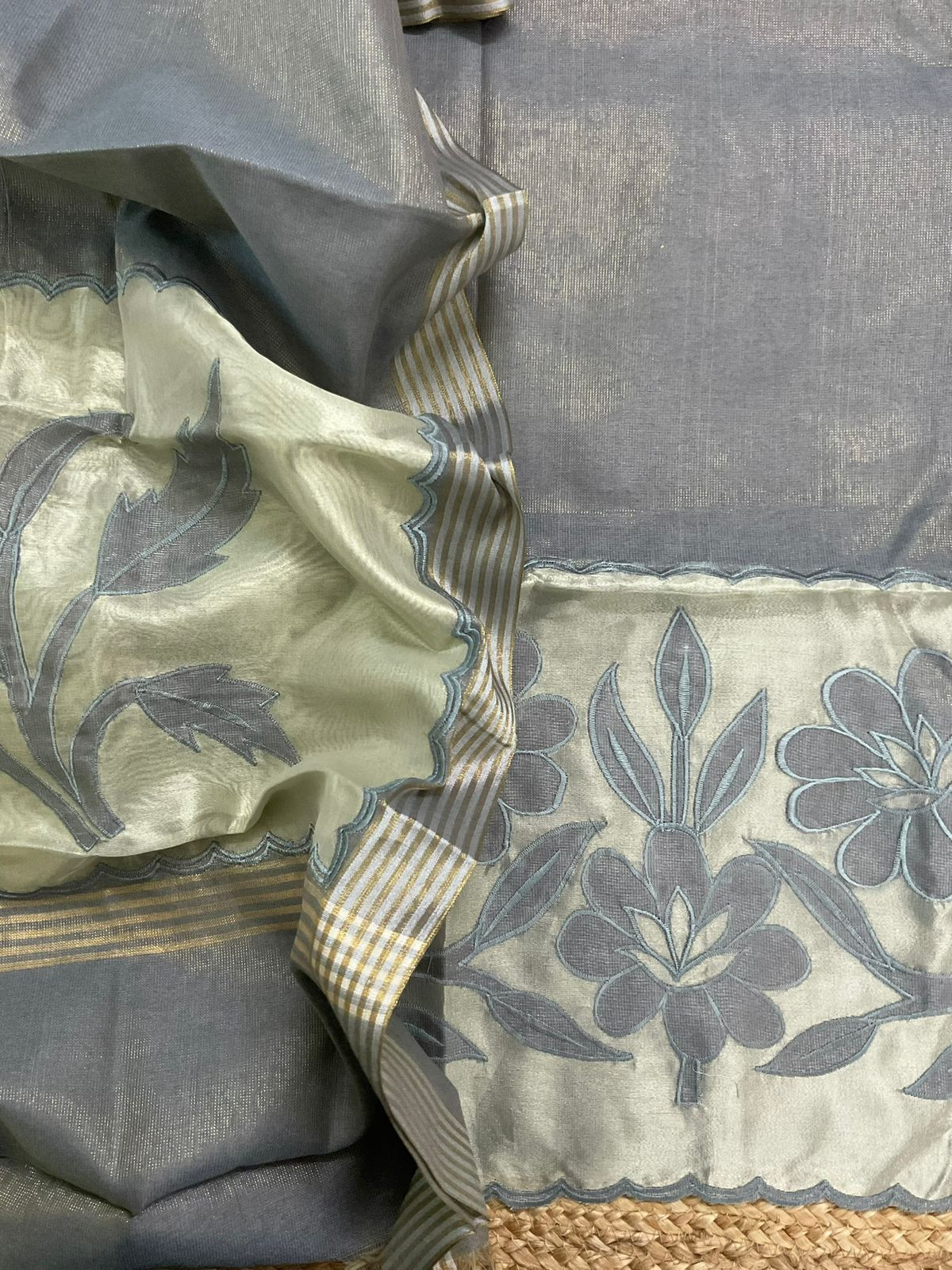 Soft Tissue Chanderi Embroidered Suit - Grey