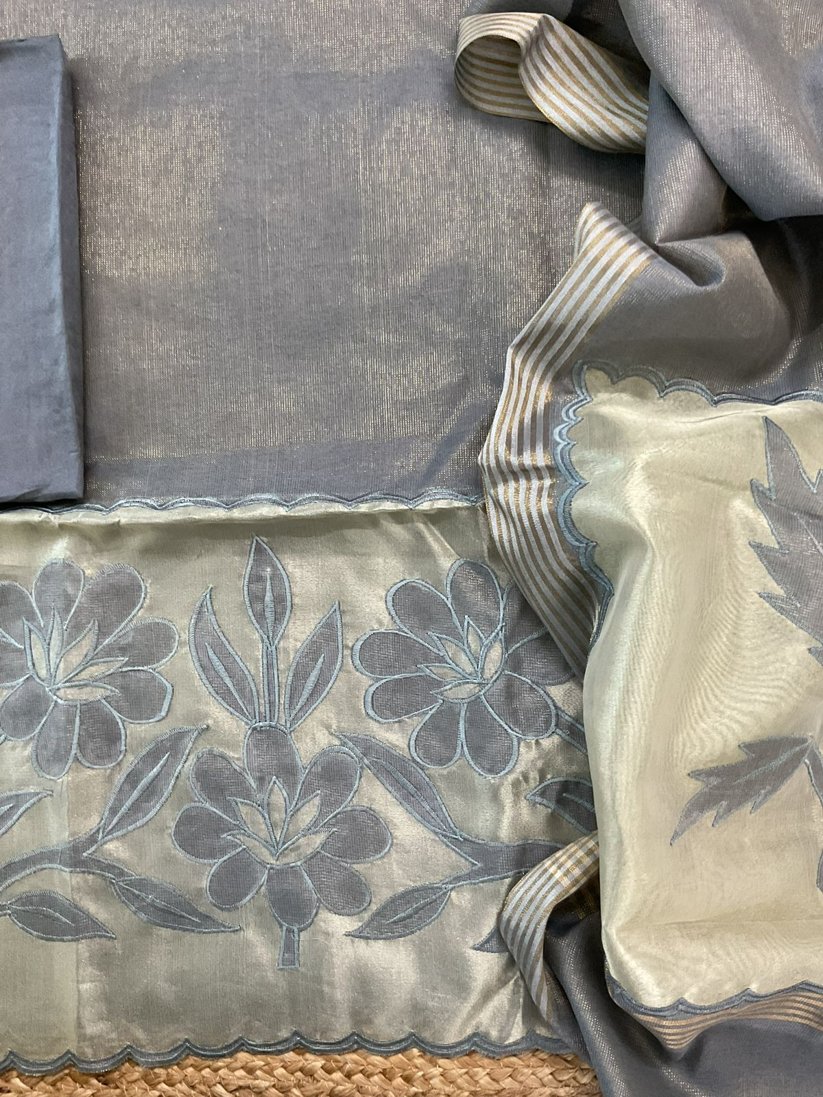 Soft Tissue Chanderi Embroidered Suit - Grey