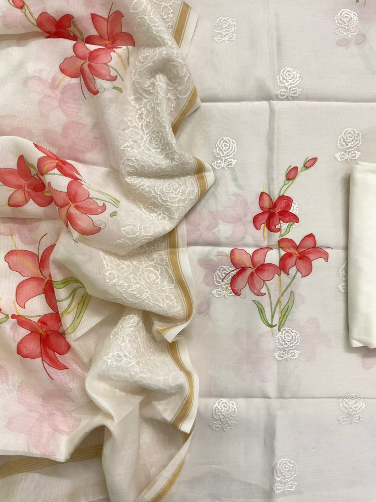 Pure Mul Chanderi Printed Embroidered Suit - Offwhite