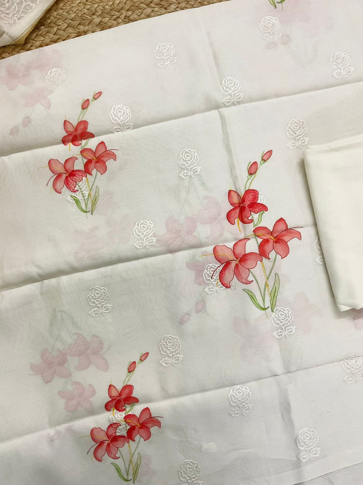 Pure Mul Chanderi Printed Embroidered Suit - Offwhite