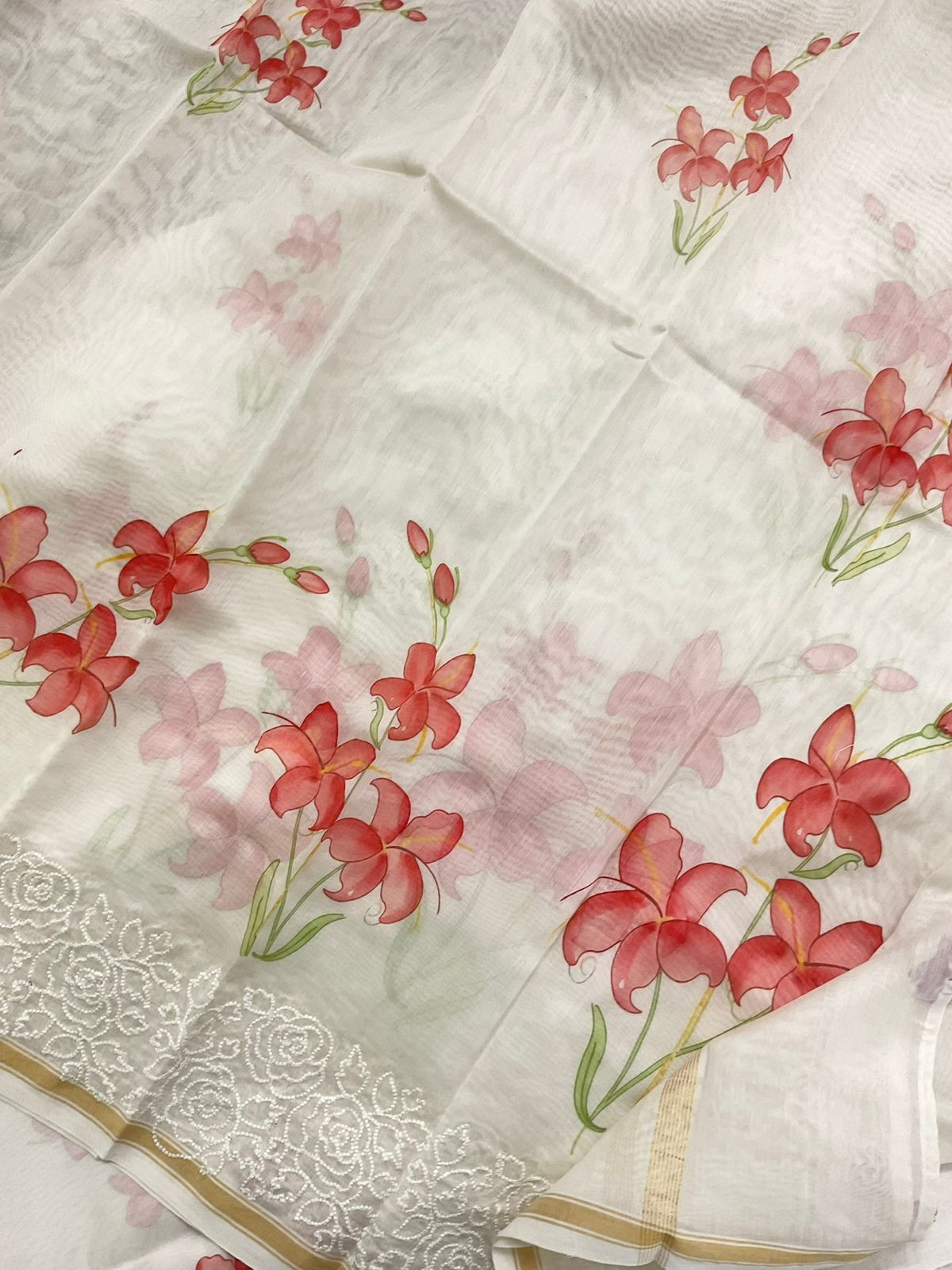 Pure Mul Chanderi Printed Embroidered Suit - Offwhite