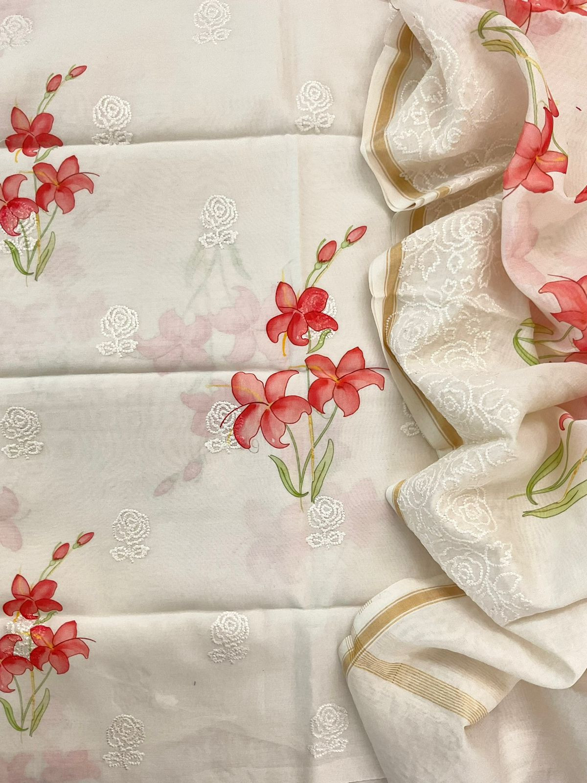 Pure Mul Chanderi Printed Embroidered Suit - Offwhite