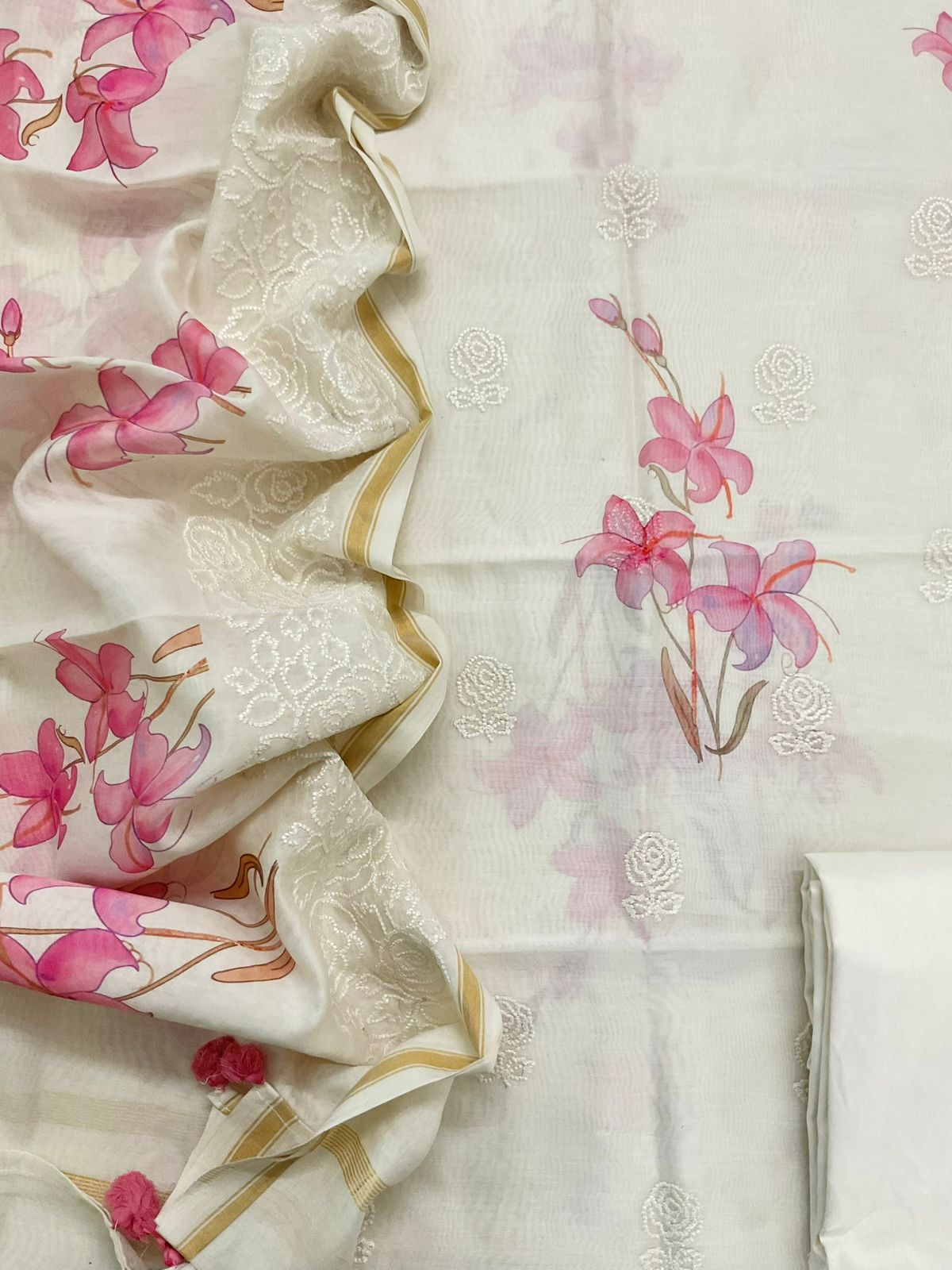 Pure Mul Chanderi Printed Embroidered Suit - Offwhite