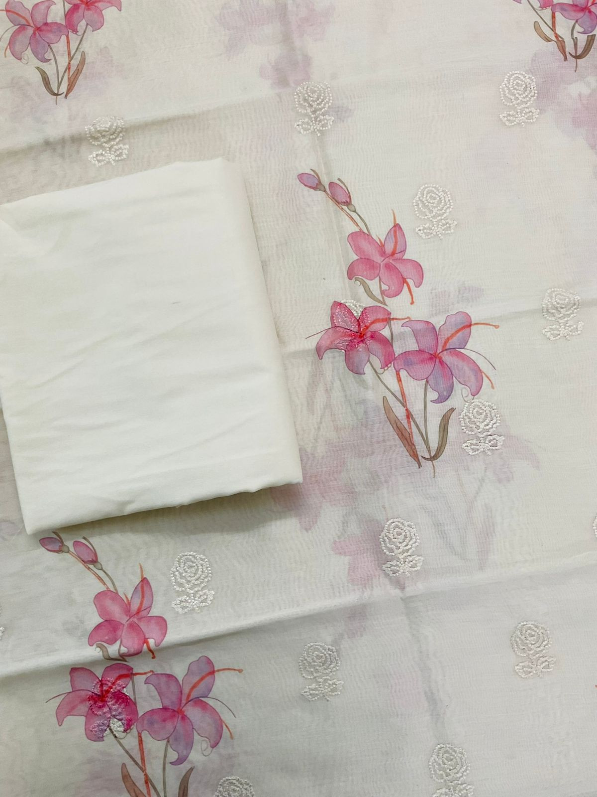 Pure Mul Chanderi Printed Embroidered Suit - Offwhite