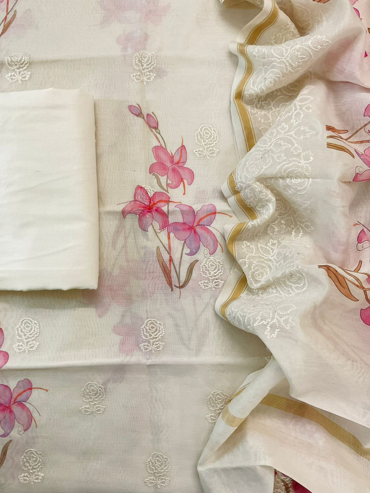 Pure Mul Chanderi Printed Embroidered Suit - Offwhite