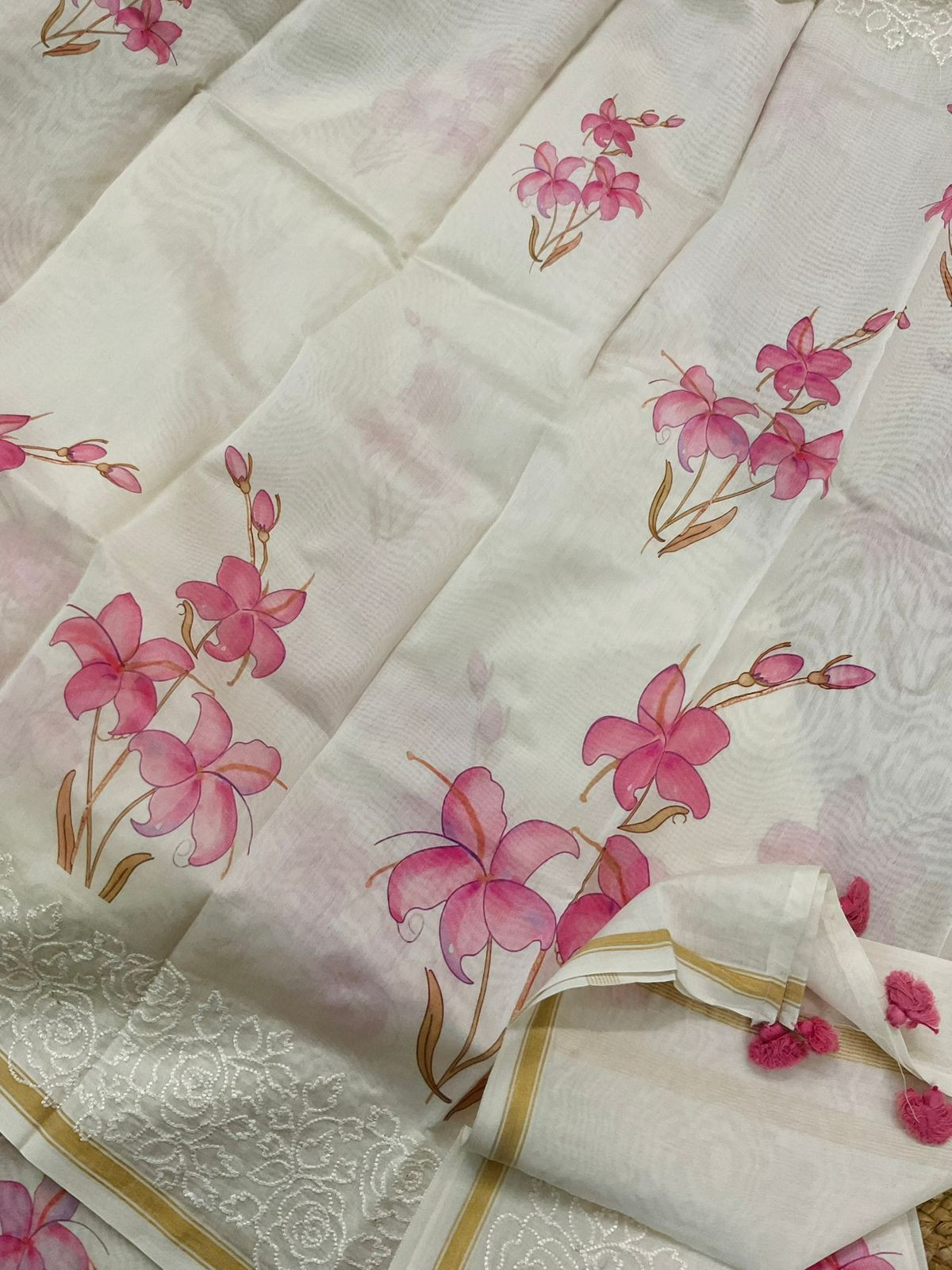 Pure Mul Chanderi Printed Embroidered Suit - Offwhite