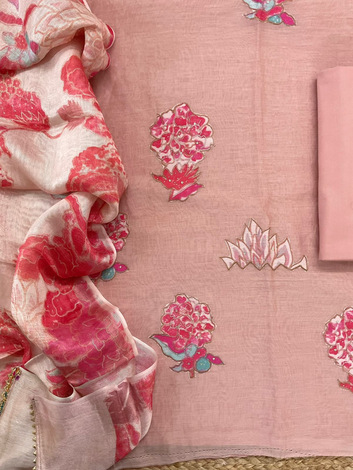 Pure Mul Chanderi Printed Embroidered Suit - Onion Pink