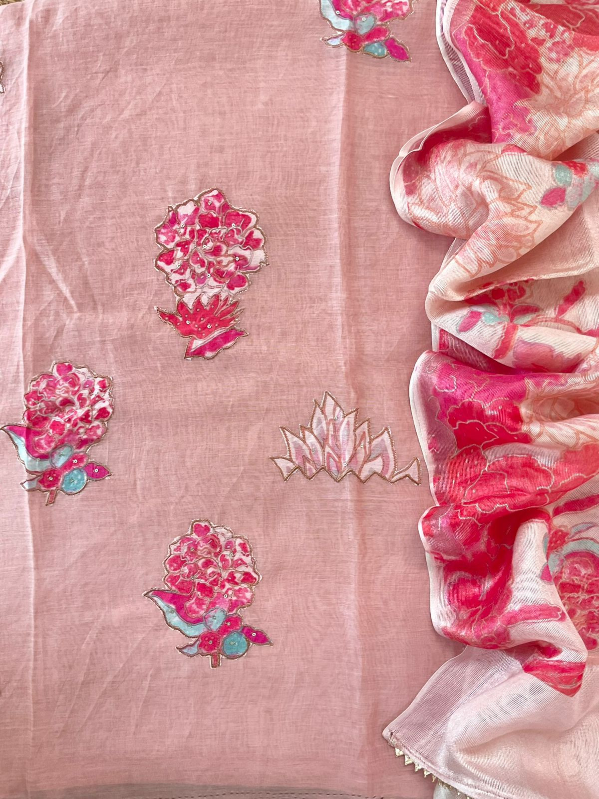 Pure Mul Chanderi Printed Embroidered Suit - Onion Pink