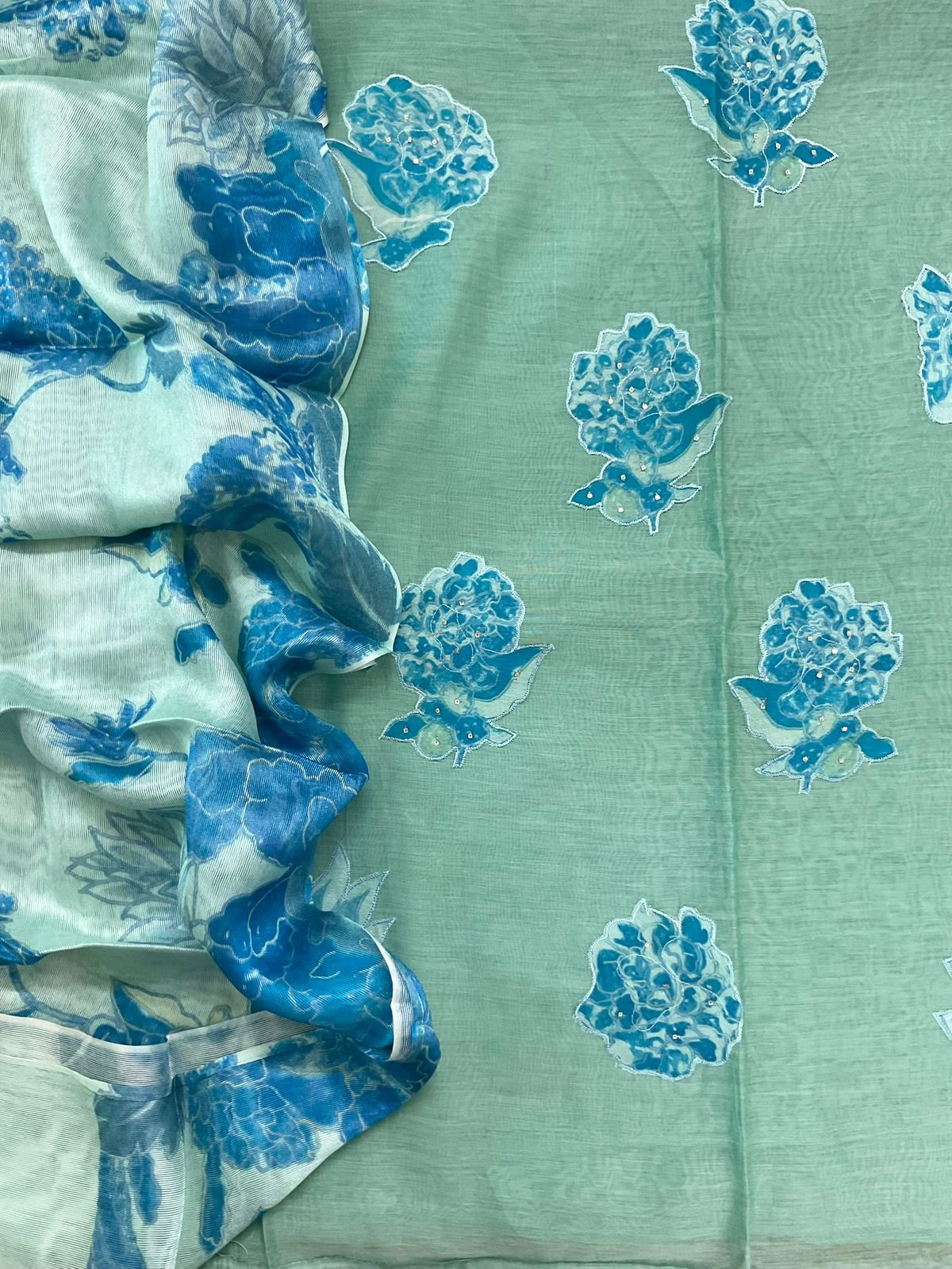 Pure Mul Chanderi Printed Embroidered Suit - Green