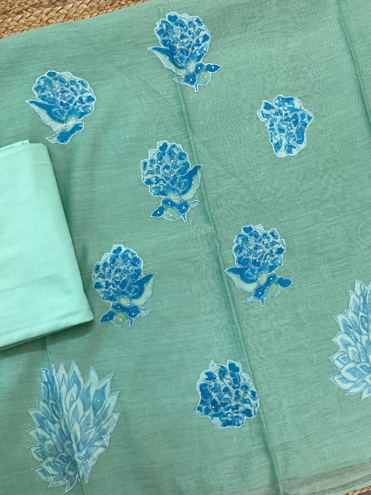 Pure Mul Chanderi Printed Embroidered Suit - Green