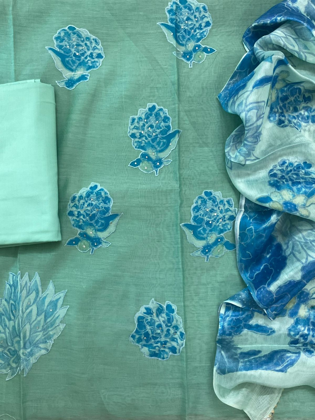 Pure Mul Chanderi Printed Embroidered Suit - Green