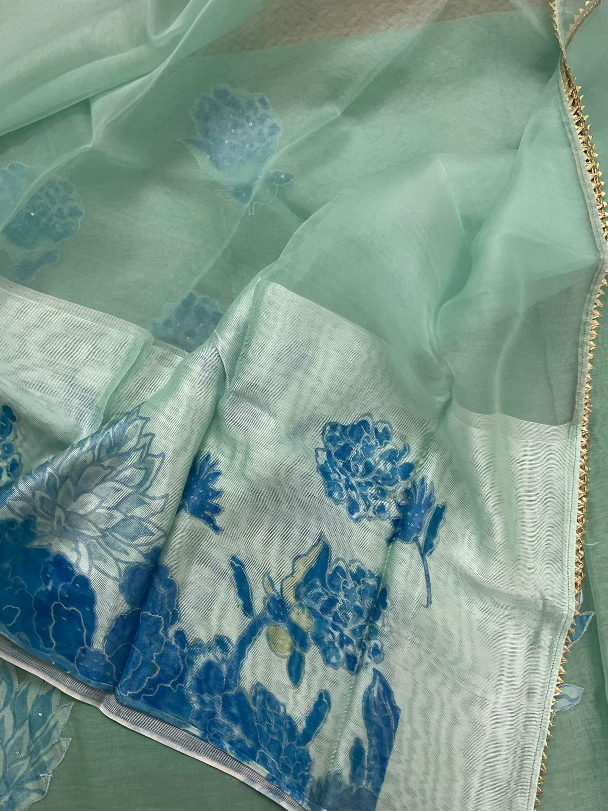 Pure Mul Chanderi Printed Embroidered Suit - Green