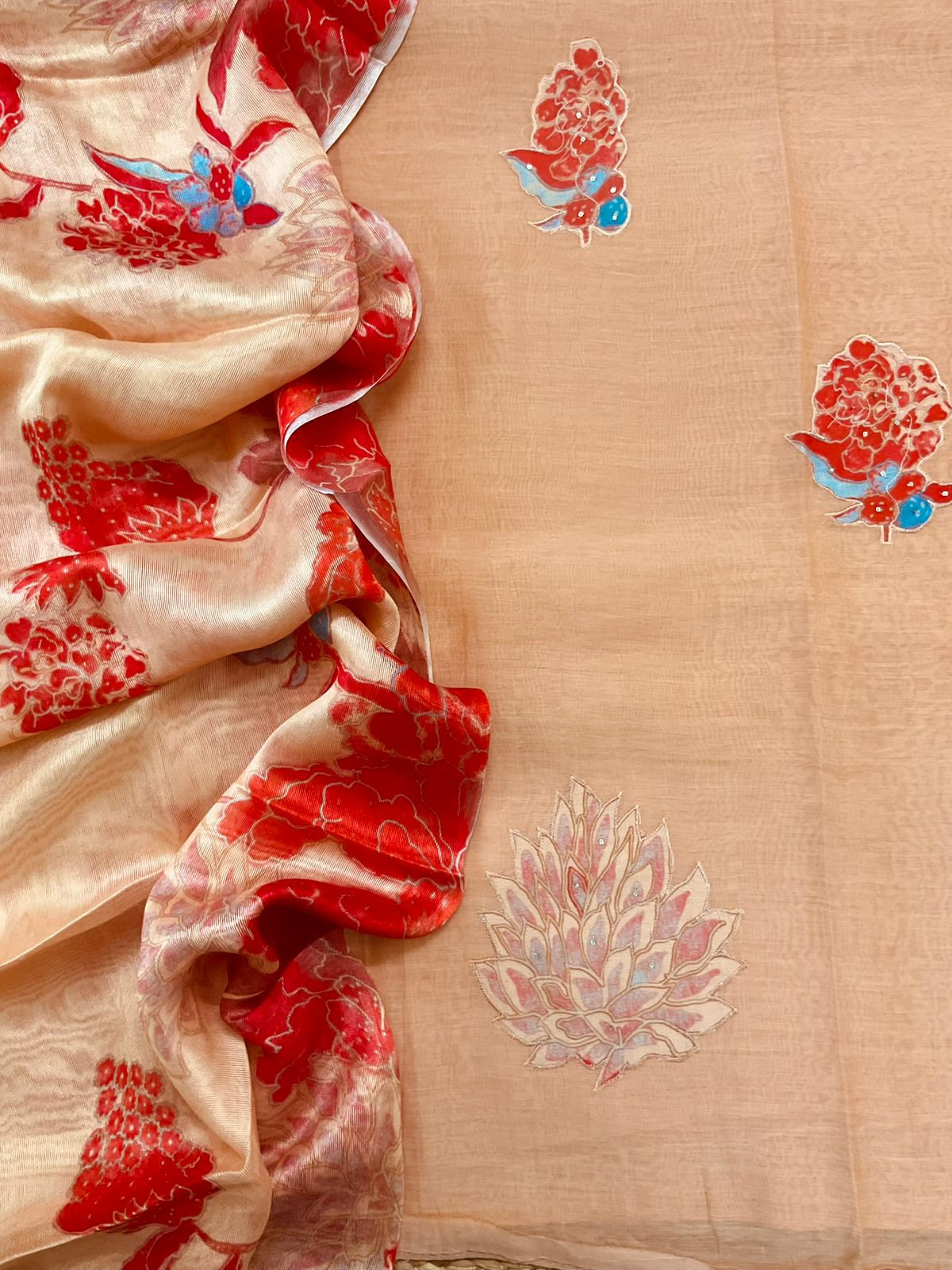 Pure Mul Chanderi Printed Embroidered Suit - Peach