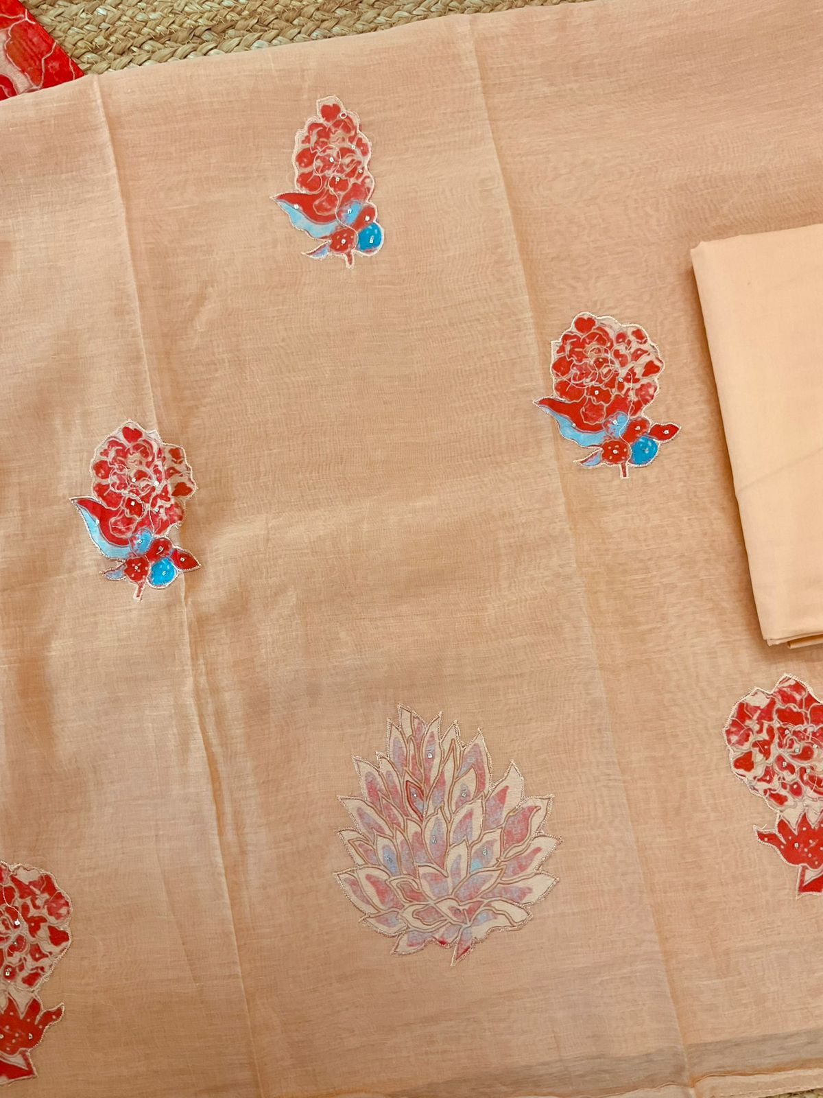 Pure Mul Chanderi Printed Embroidered Suit - Peach