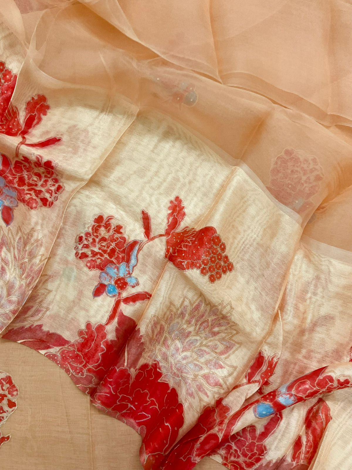 Pure Mul Chanderi Printed Embroidered Suit - Peach