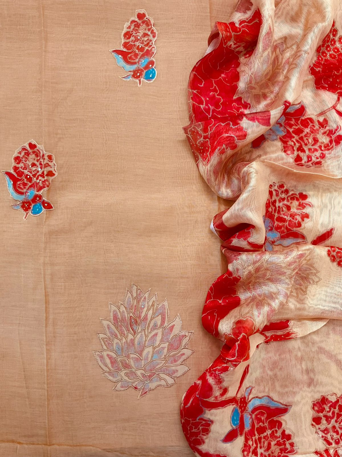 Pure Mul Chanderi Printed Embroidered Suit - Peach