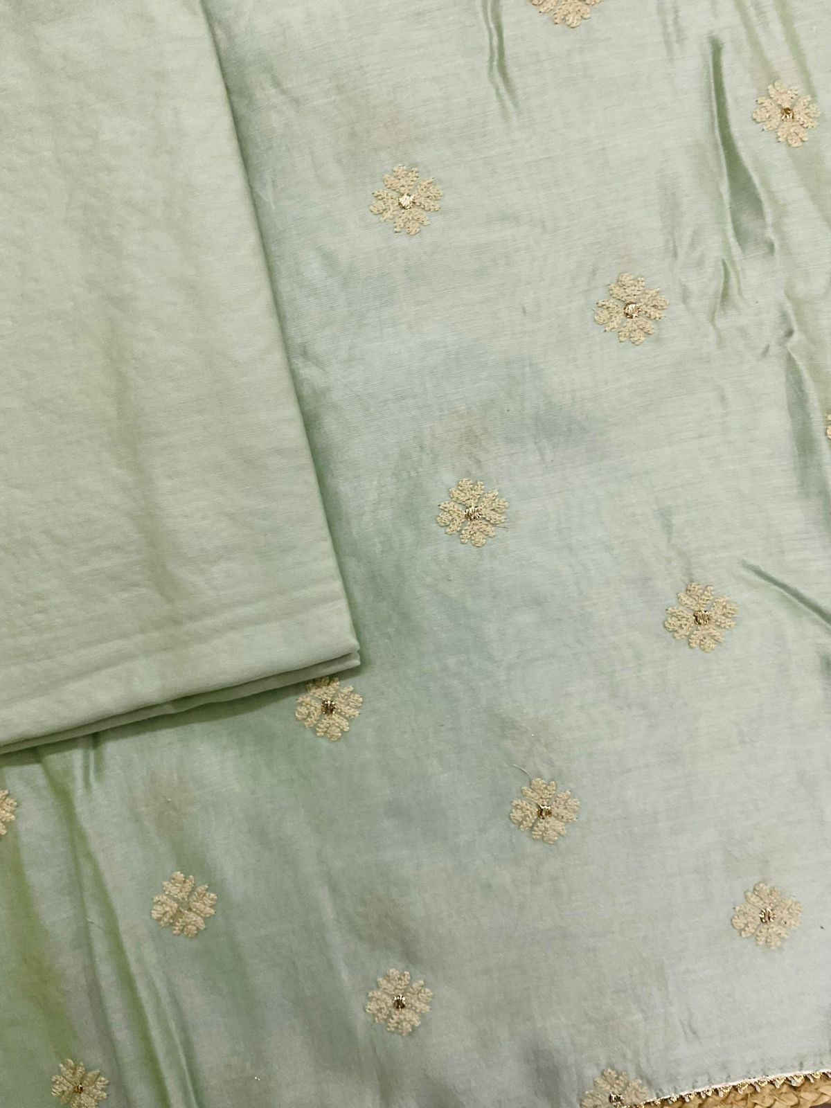 Pure Mul Chanderi Embroidered Suit - Green