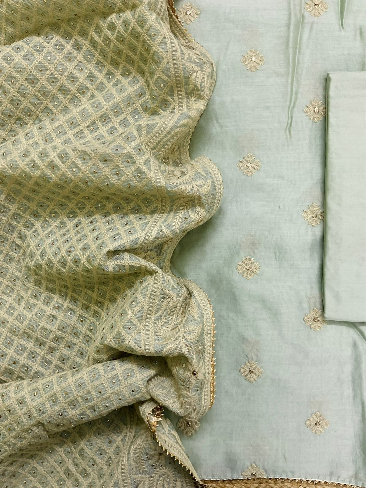 Pure Mul Chanderi Embroidered Suit - Green