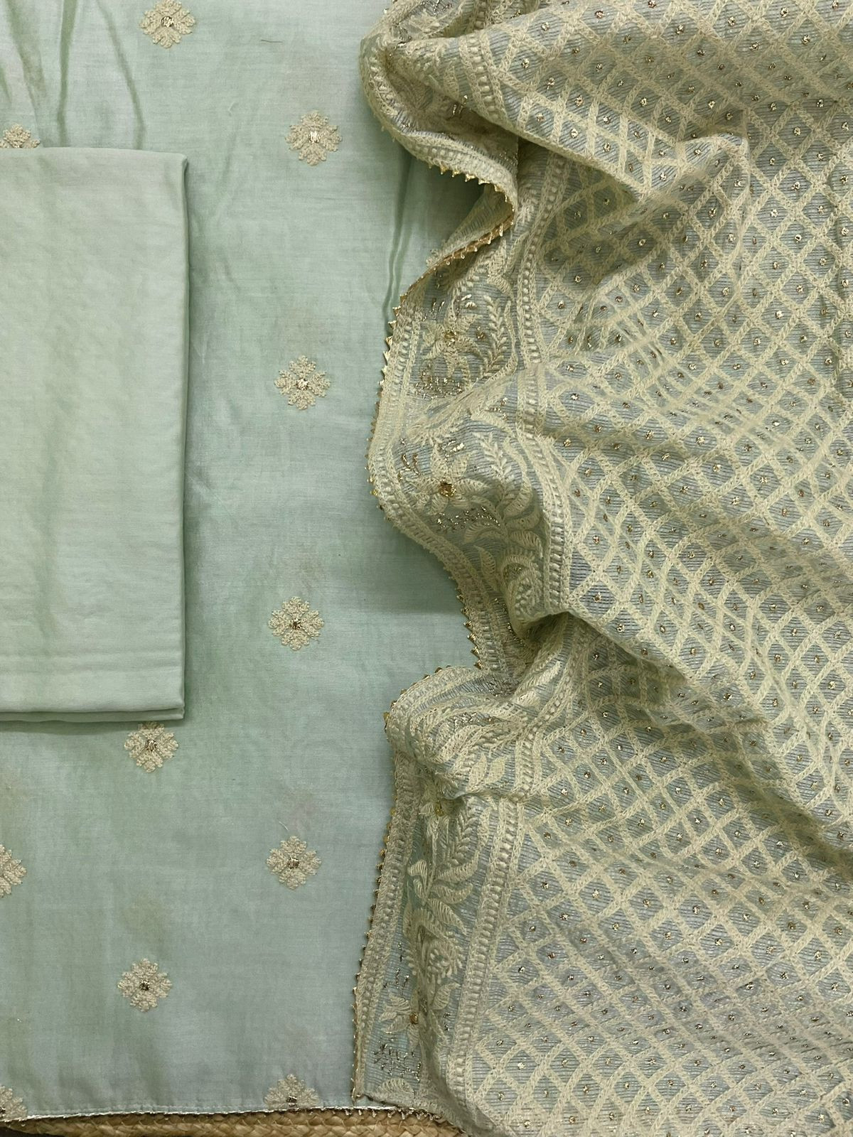 Pure Mul Chanderi Embroidered Suit - Green