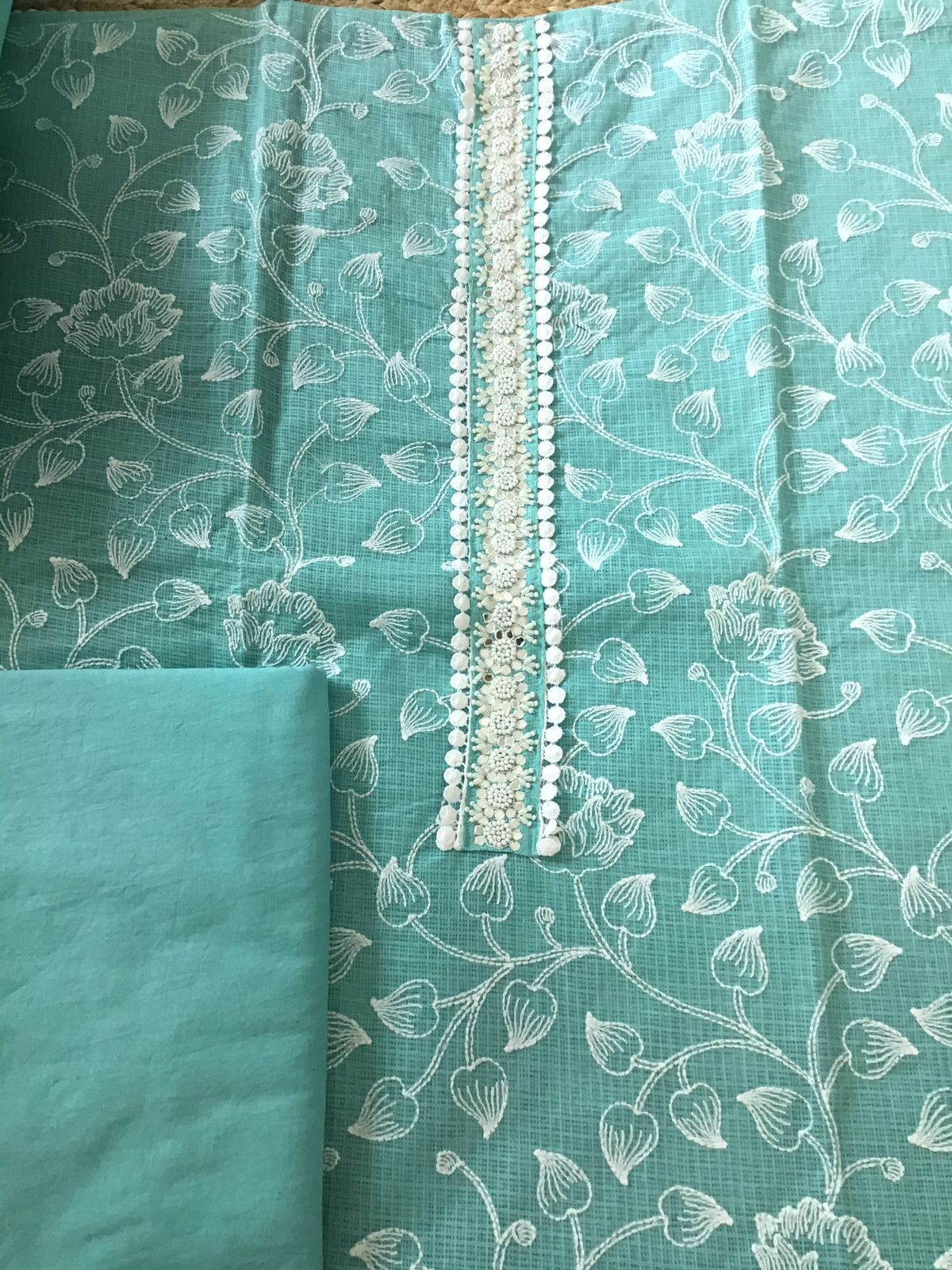 Soft Kota Silk Embroidered Suit - Sea Green