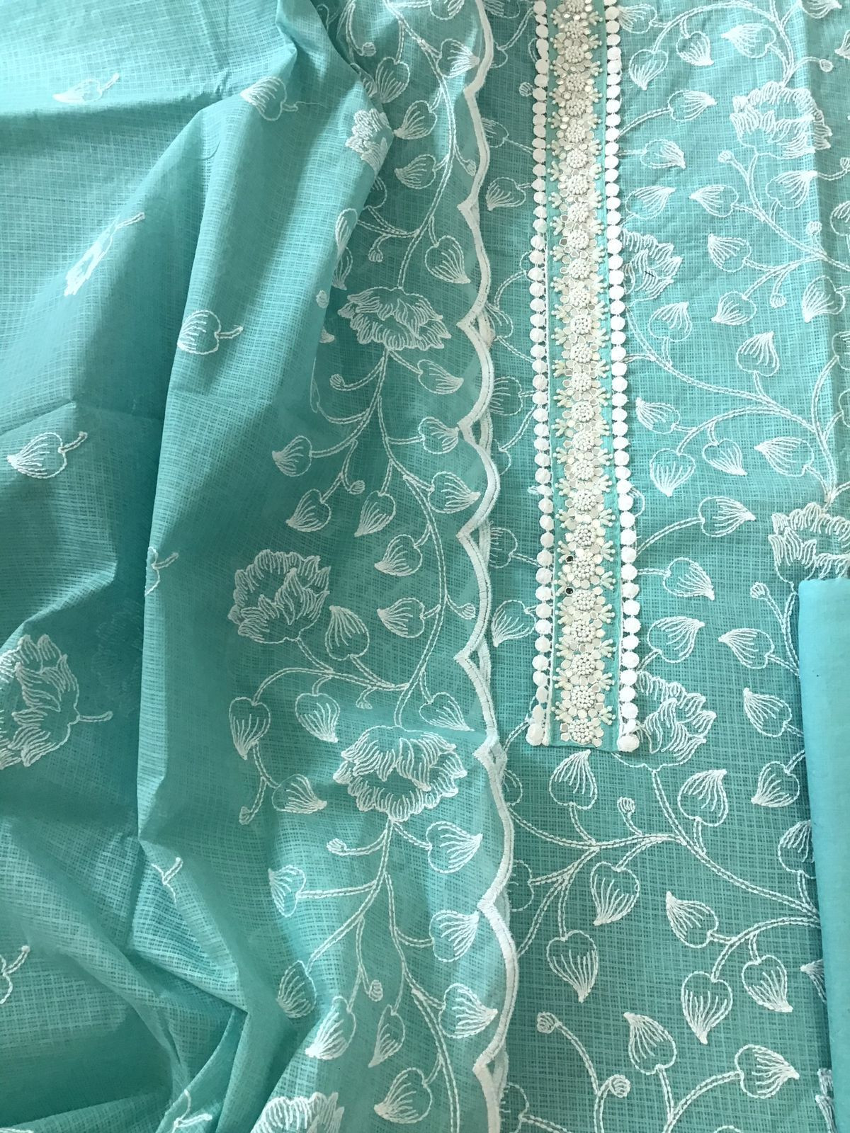 Soft Kota Silk Embroidered Suit - Sea Green