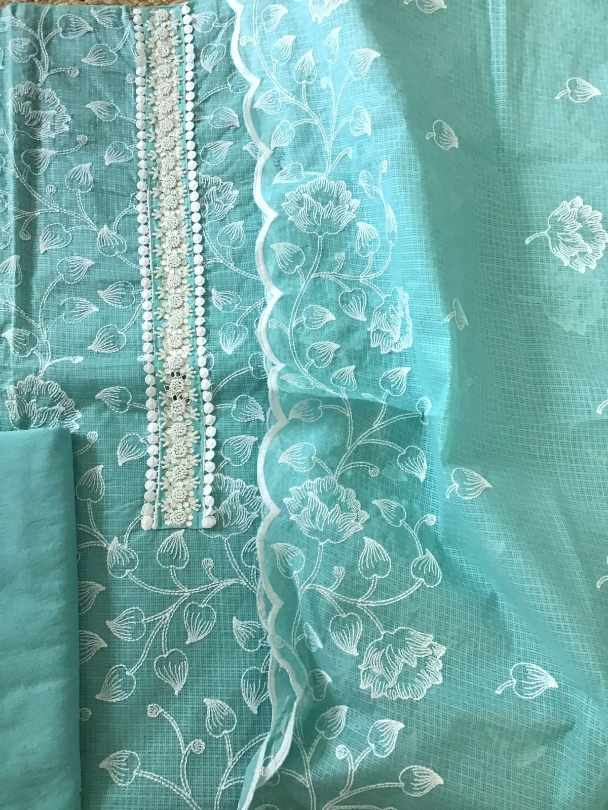 Soft Kota Silk Embroidered Suit - Sea Green