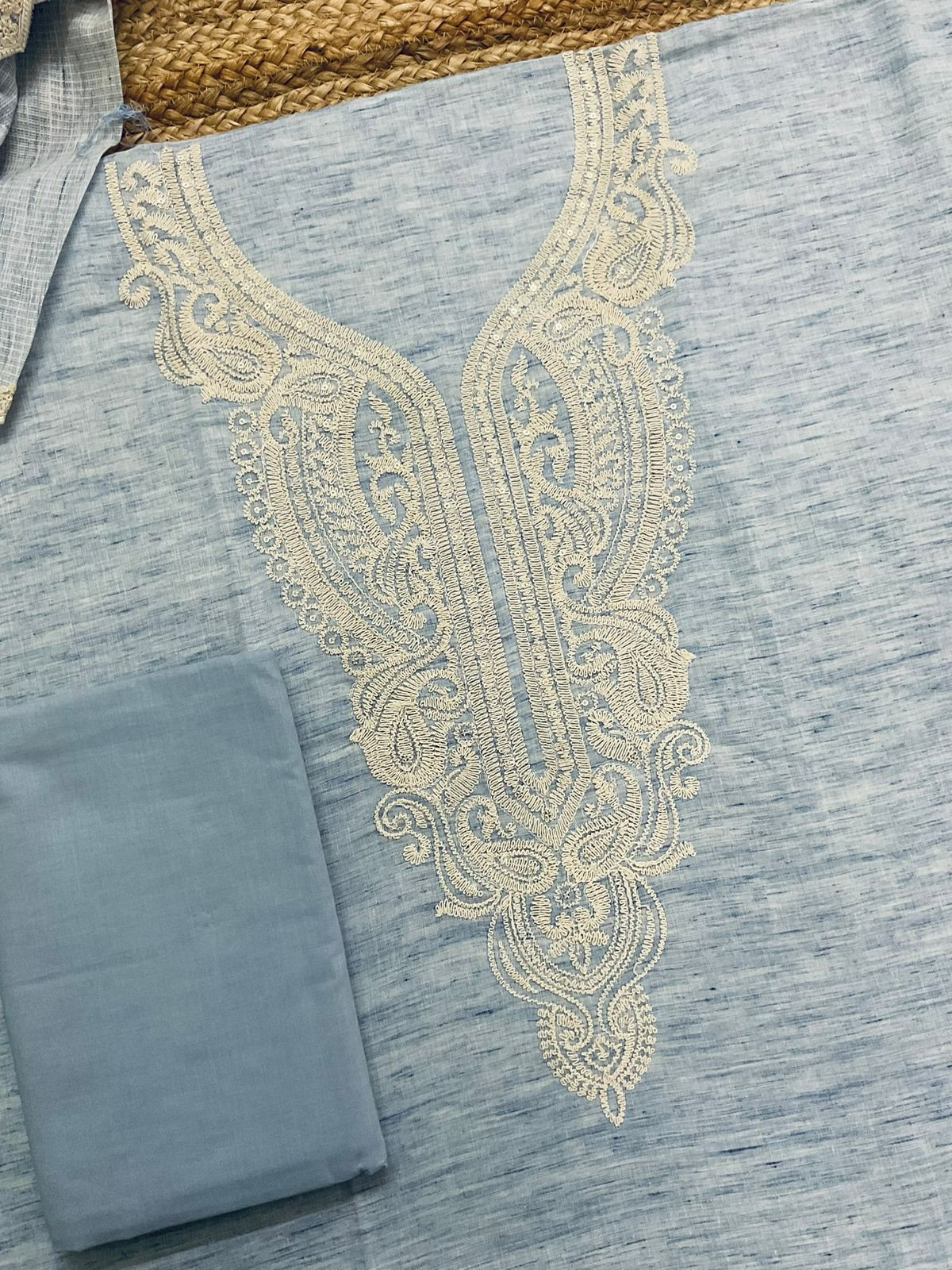 Pure Fine Handloom Cotton Embroidered Suit - Blue