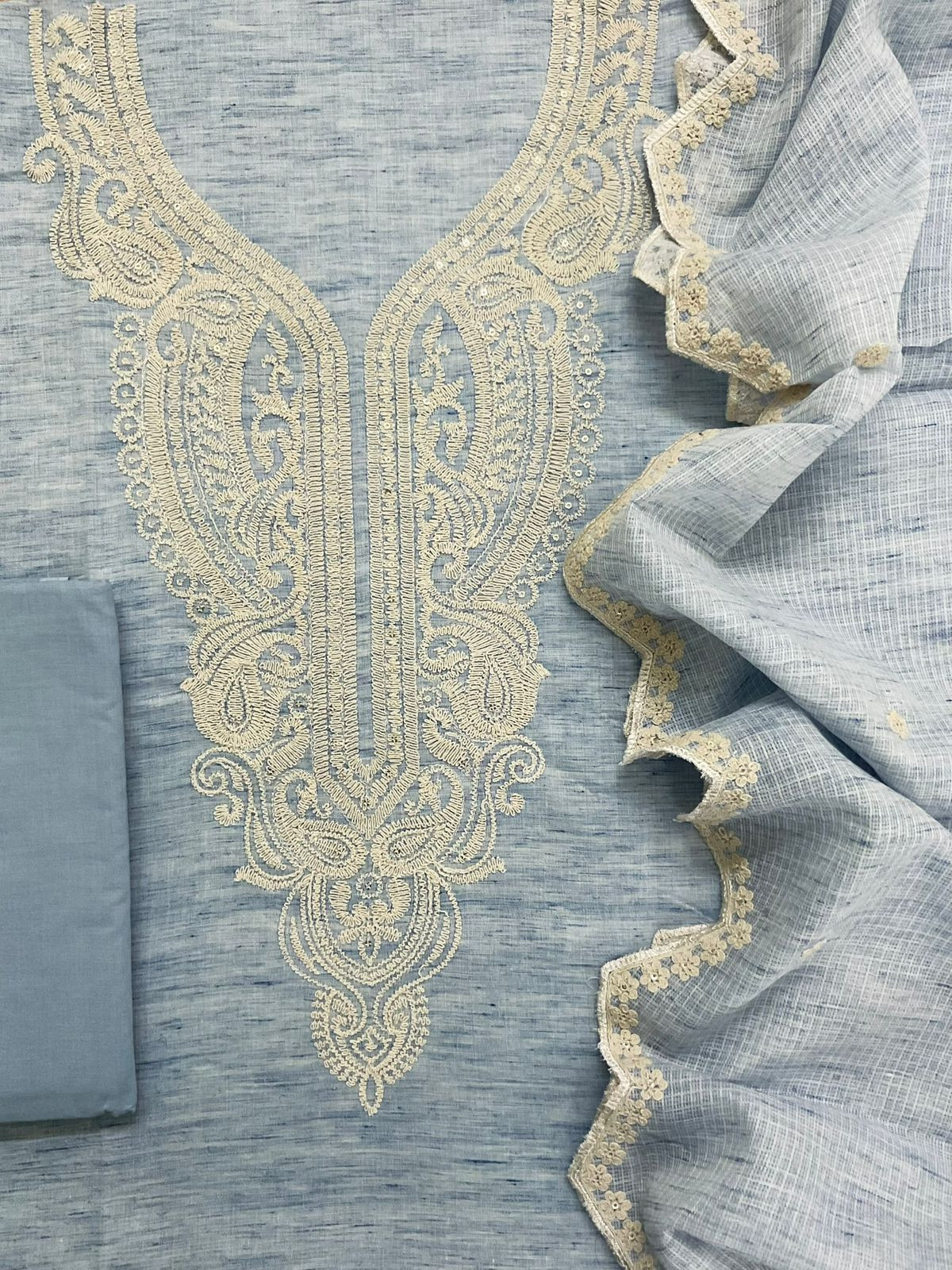 Pure Fine Handloom Cotton Embroidered Suit - Blue