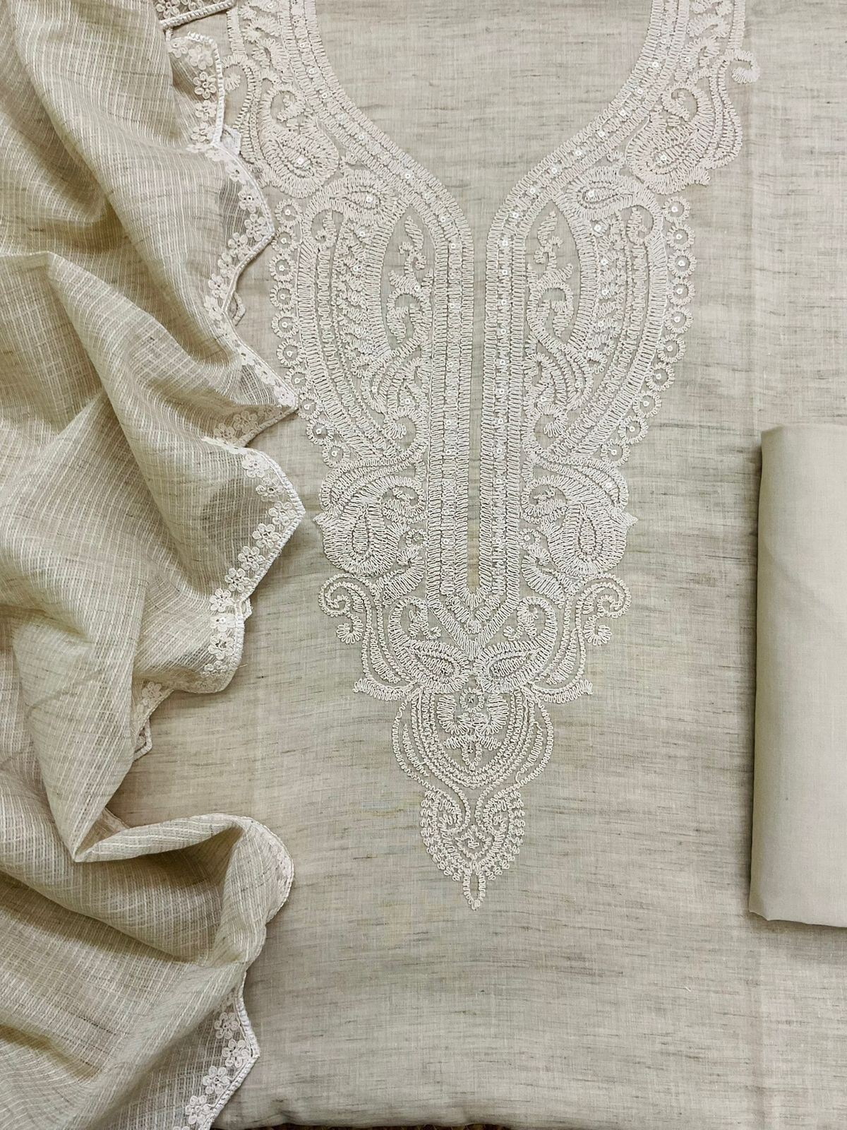 Pure Fine Handloom Cotton Embroidered Suit - Beige