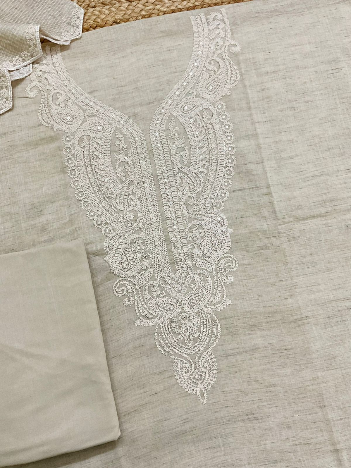 Pure Fine Handloom Cotton Embroidered Suit - Beige