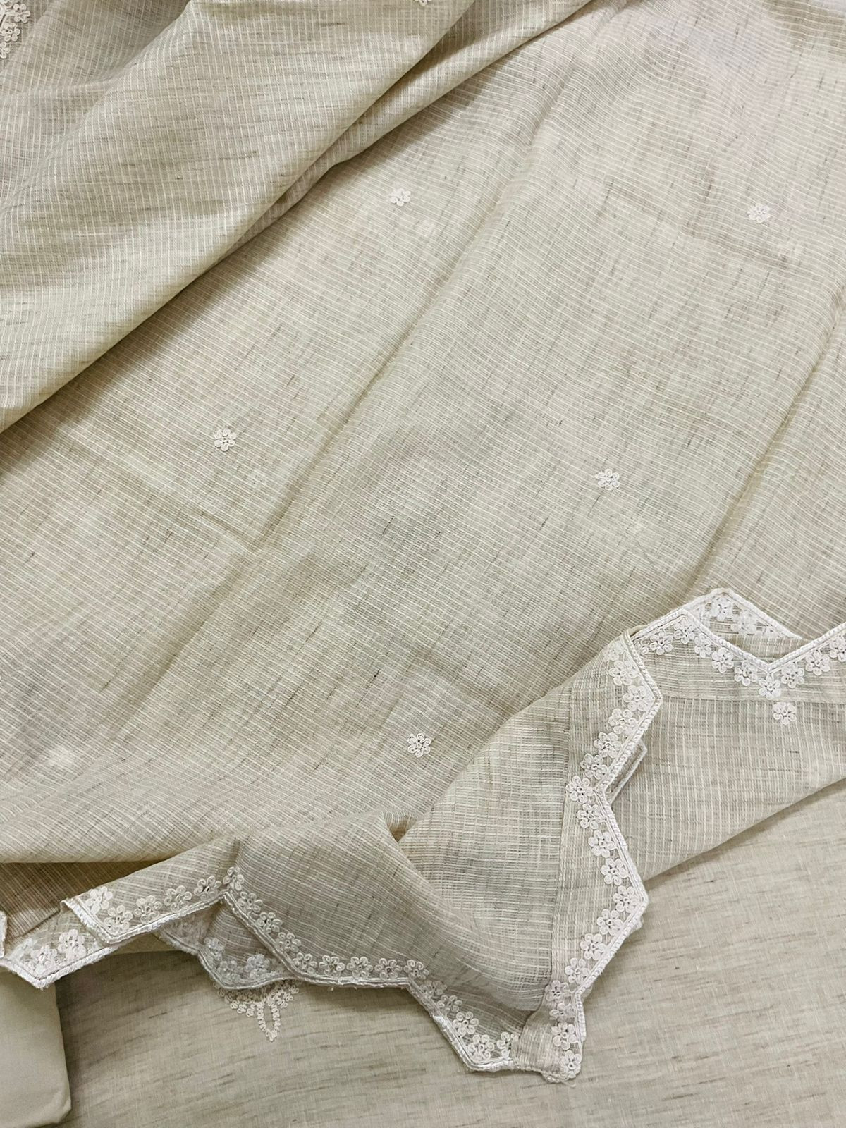 Pure Fine Handloom Cotton Embroidered Suit - Beige