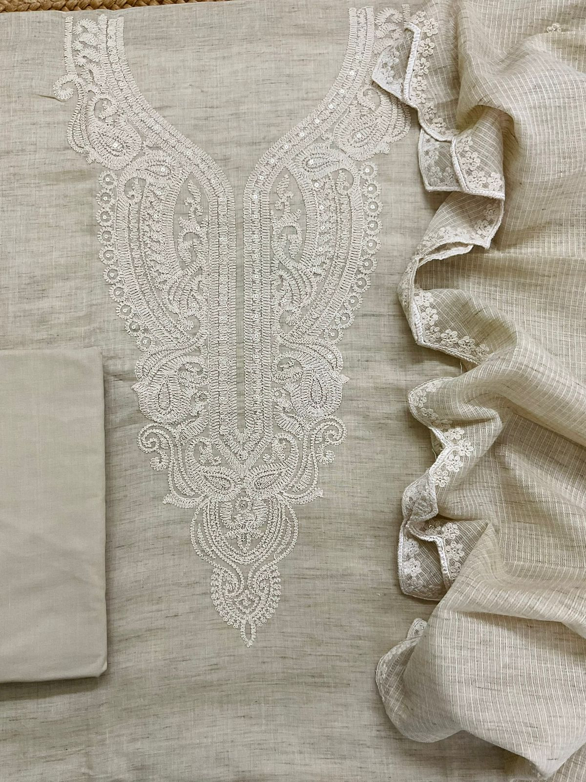 Pure Fine Handloom Cotton Embroidered Suit - Beige